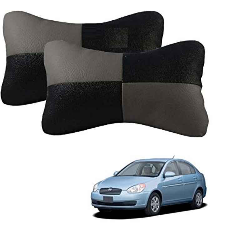 Kozdiko 2 Pcs Leather Grey & Black Neck Rest Car Cushion Pillow Set for Hyundai Old Verna