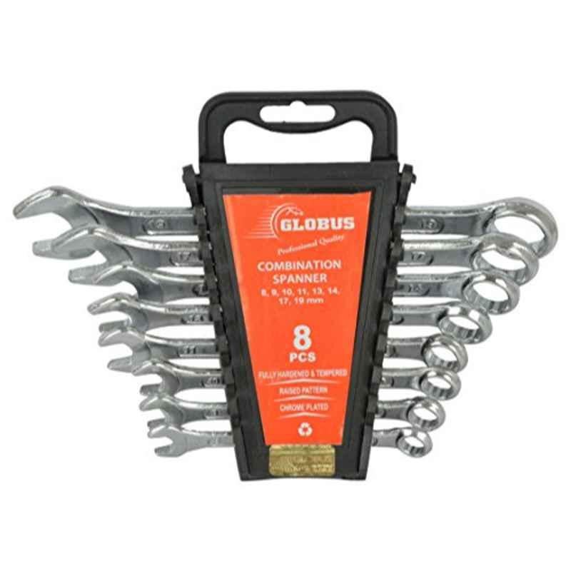 Globus 360 8 Pcs Steel Silver Combination Spanner Set with Handle Rack