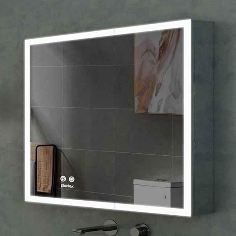 Plantex 19x19 Inch Stainless Steel Silver Chrome Finish Wall Mounted Bathroom Mirror Cabinet with LED Light