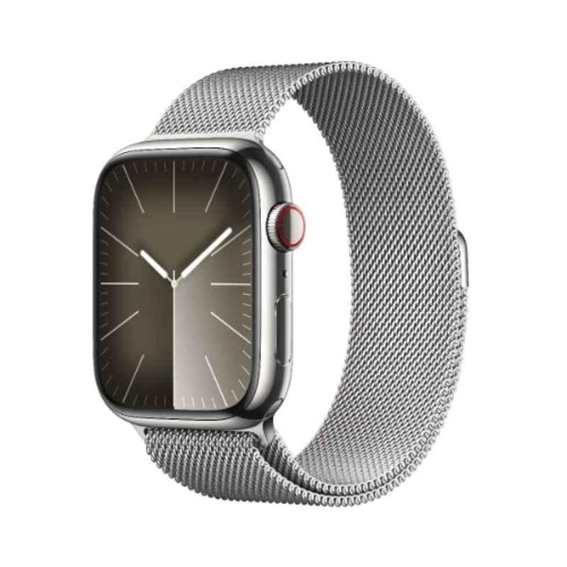Apple 9 41mm Silver SS Case GPS & Cellular Smart Watch with Silver Milanese Loop, MRJ43QA/A