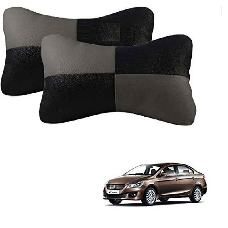 Kozdiko 2 Pcs Leather Grey & Black Neck Rest Car Cushion Pillow Set for Maruti Suzuki Ciaz
