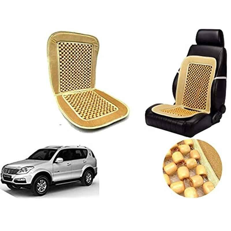 Auto Pearl PU, Velvet & Wooden Beads Beige Rectangular Seat Cushion for Mahindra Rexton