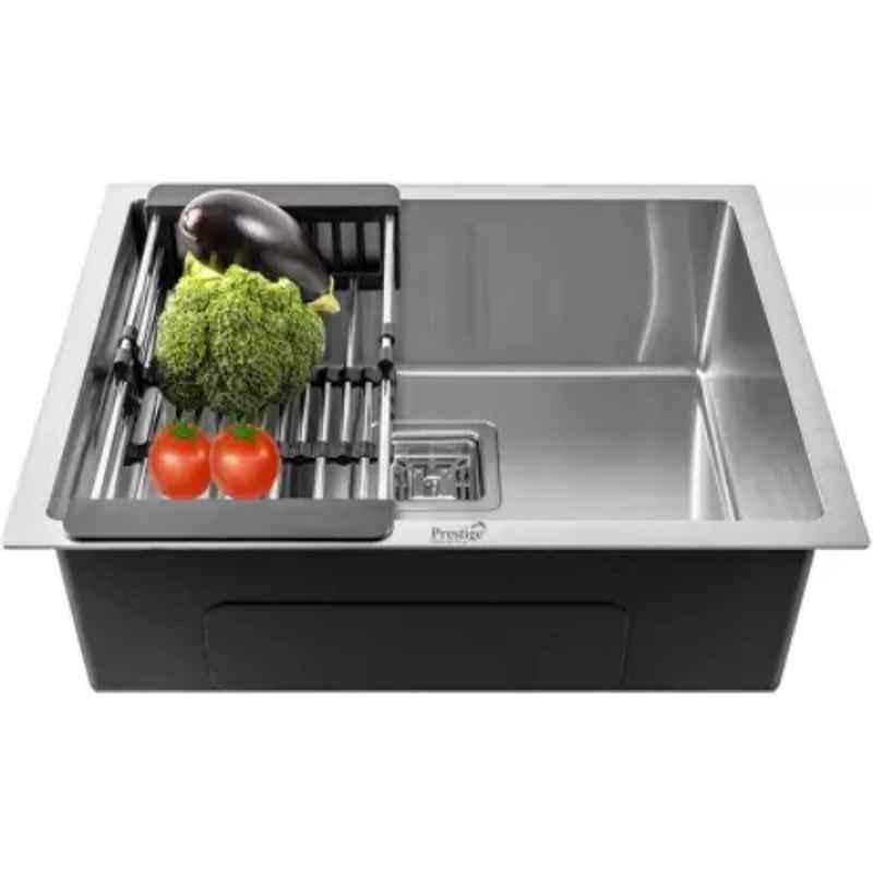 Prestige 24x18x10 inch Stainless Steel 304 Chrome Finish Silver Single Bowl Handmade Kitchen Sink with Waste Pipe, Waste Coupling & Drain Basket