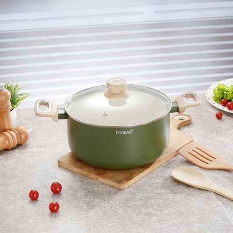 Cookaid Velora 4.8 Litre 24cm Aluminium Olive Green Non Stick Ceramic Coated Casserole with Glass Lid, CKD-CC-CS24-37