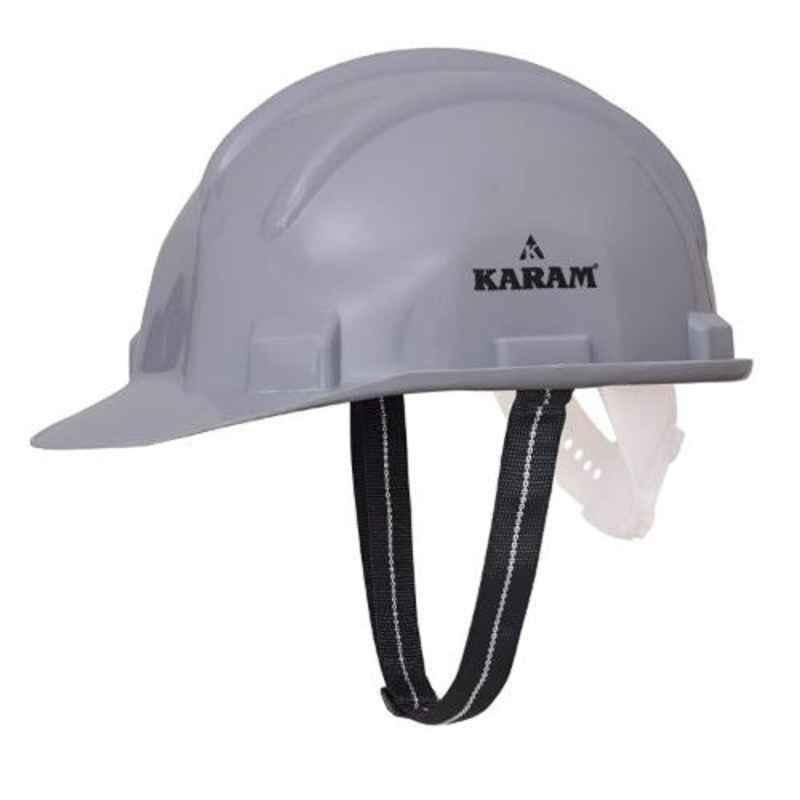 Karam Apex Grey Safety Helmet Shelblast with Peak Webbing Textile Cradle Ratchet Type Adjustment & Chin Strap, PN 542(T)