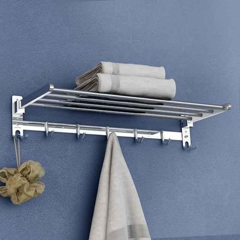 Plantex Folding Towel Rack/Stainless Steel Towel Holder/24 inch Towel Hanger for Bathroom/Towel Stand with Fix Hook/Bathroom Accessories Chrome