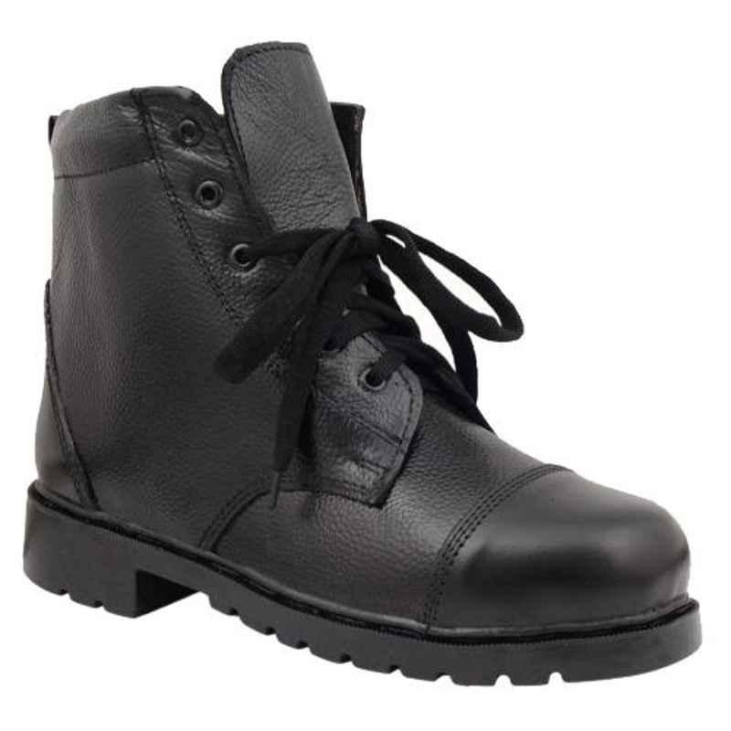 Neosafe A5033 Leather Round Steel Toe High Ankle Black Work Safety Shoes, Size: 8