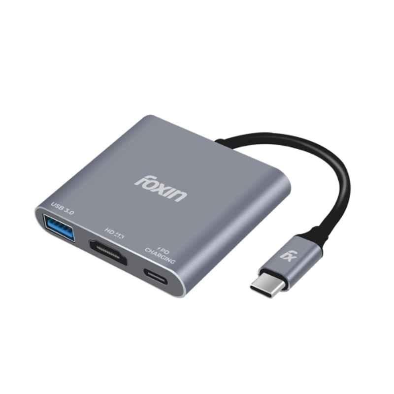 Foxin C-HUB 3 5Gbps Metal Grey 3-in-1 Type-C to HDMI Adapter with Type C PD, HDMI 4K, USB 3.0 & 100W PD Charging
