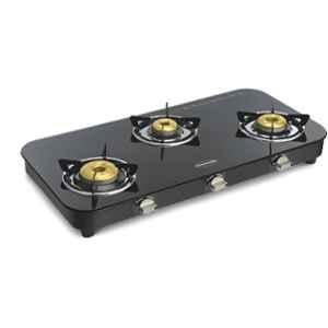 Padmini 3 Burner Stainless Steel Black Automatic Ignition Glass Top Gas Stove, 3BR CS-3 GT DX HF Auto