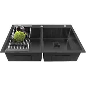 Fossa 37x18x10 inch Stainless Steel SS304 Matt Finish Black Double Bowl Kitchen Sink with Tap Hole, FHS-11
