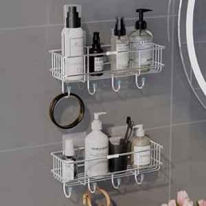 Plantex Stainless Steel Bathroom Organiser Without Drill/Multipurpose Shelf with Hooks/Drill Free Shampoo Holder for Bathroom - Wall Mount - Pack of 2 (Chrome)