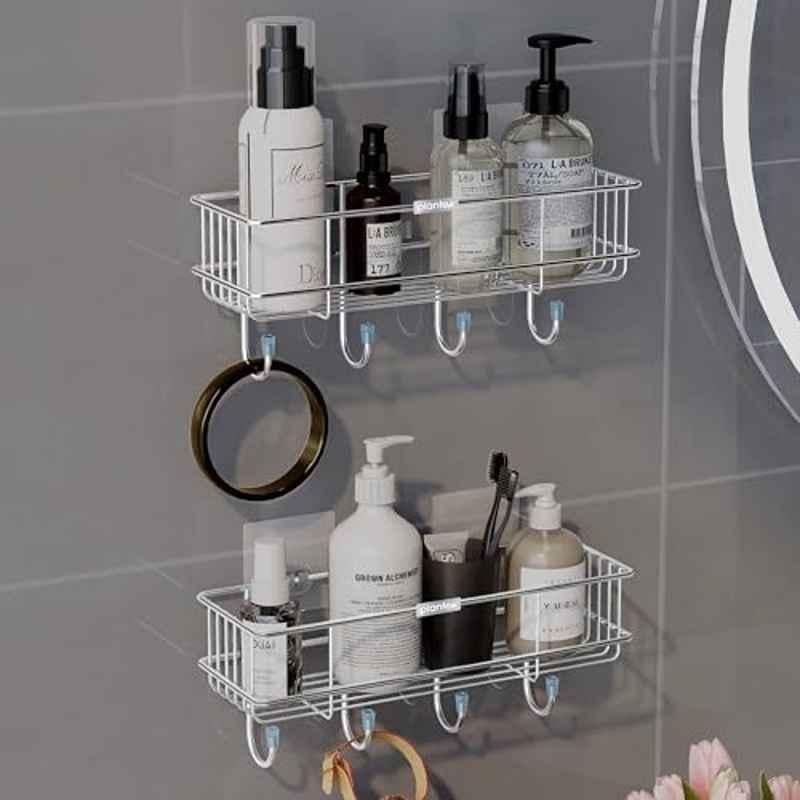 Plantex Stainless Steel Bathroom Organiser Without Drill/Multipurpose Shelf with Hooks/Drill Free Shampoo Holder for Bathroom - Wall Mount - Pack of 2 (Chrome)