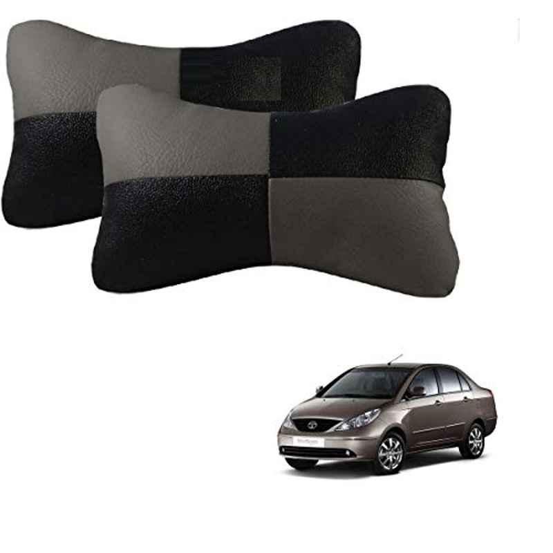 Kozdiko 2 Pcs Leather Grey & Black Neck Rest Car Cushion Pillow Set for Tata Indigo