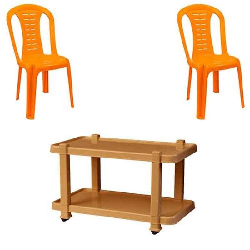 Italica 2 Pcs Polypropylene Orange Without Arm Chair & Marble Beige Table with Wheels Set, 9312-2/9509