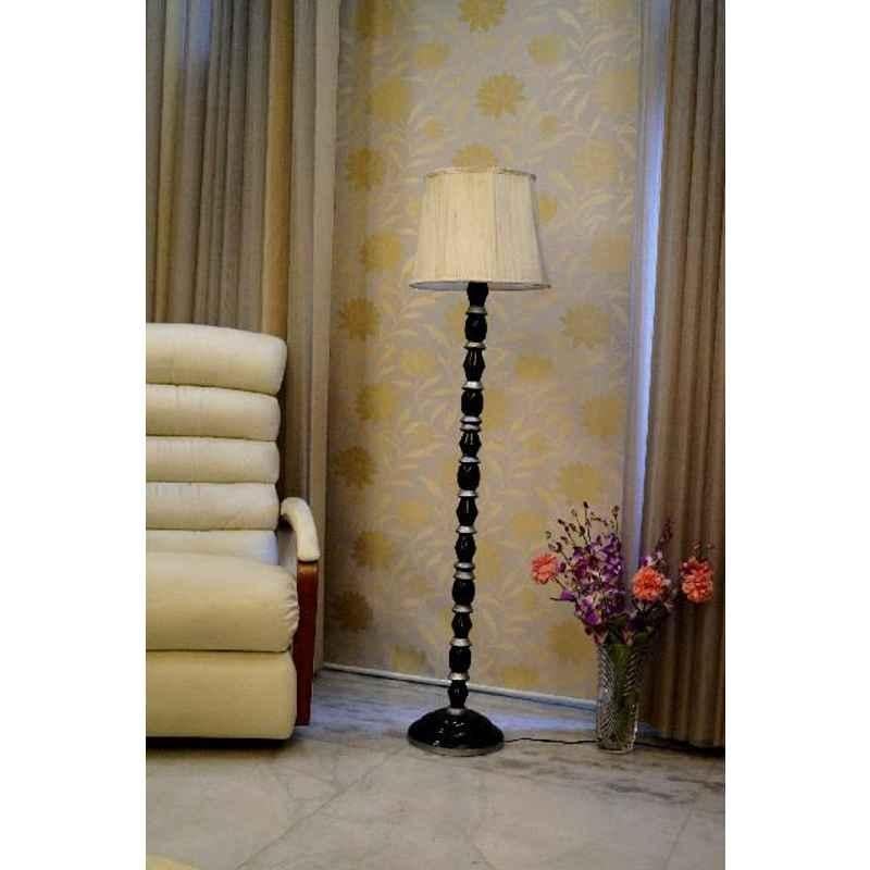 Tucasa Mango Wood Black & Silver Floor Lamp with Off White Cylindrical Polycotton Shade, WF-45