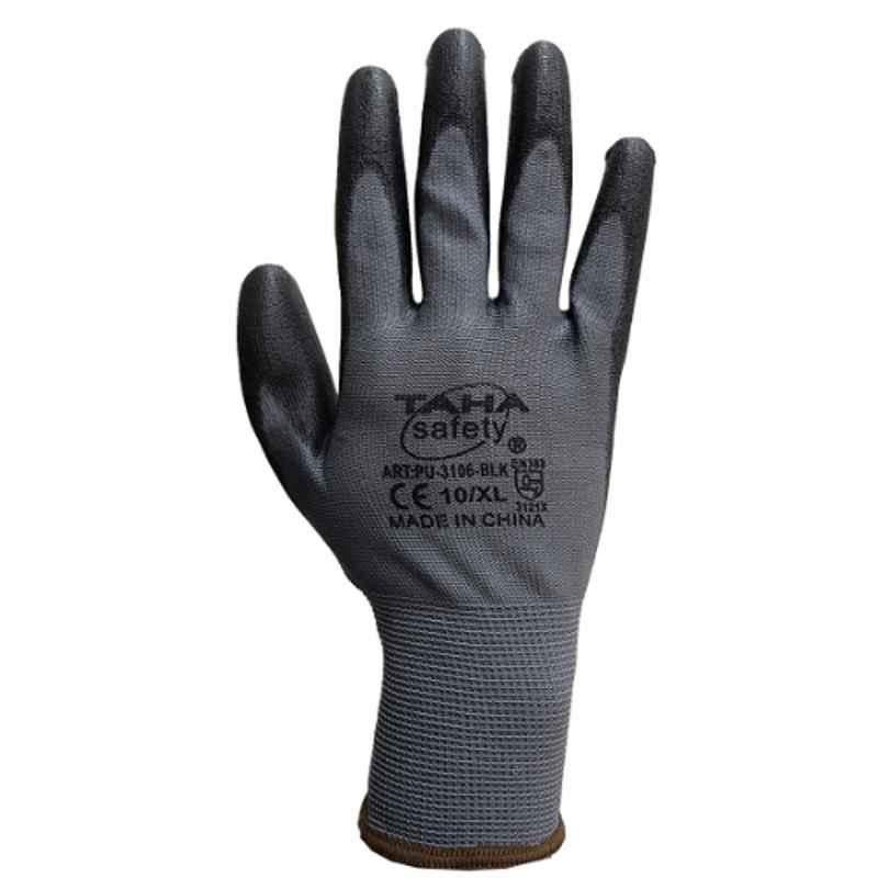 Taha Safety Polyester PU Coated Grey & Black Safety Safety Gloves, PU3106, Size: XL