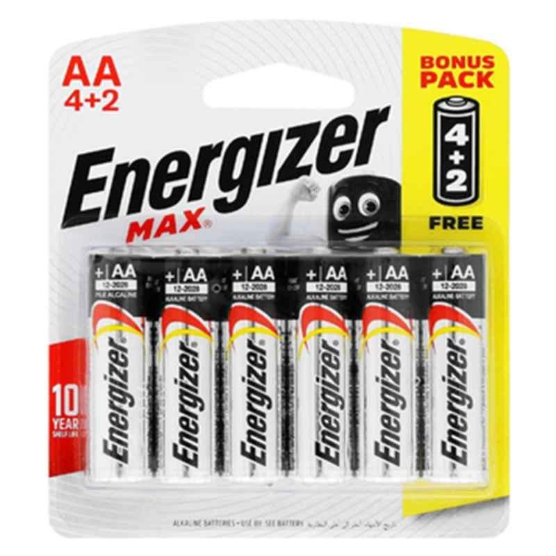 Energizer Max 1.5V AA Alkaline Battery, E91BP6 (Promo Pack of 4+2)