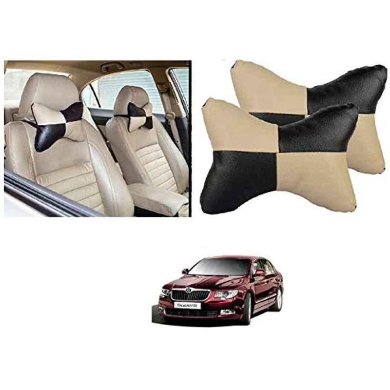 Kozdiko 2 Pcs Black & Beige Car Square Chess Design Neck Rest Seat Pillow Set for Skoda Superb