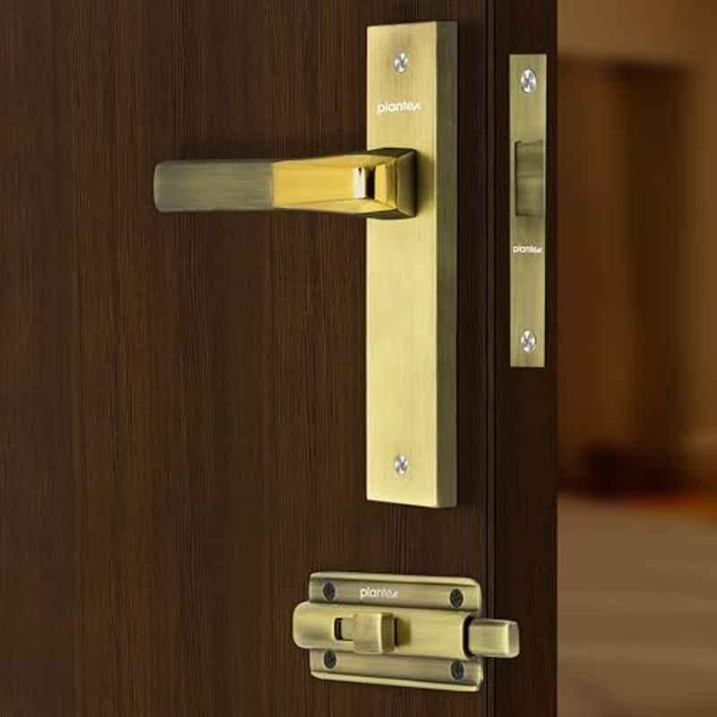 Plantex Heavy Duty Door Lock Bathroom Door Lock/Mortise 8inch Keyless Plate Handle Set for Home/Bathroom/Store Room/Balcony/Office with Baby Latch 8114, Antique Brass & PVD Gold