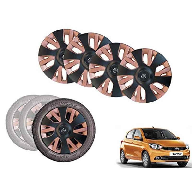 Auto Pearl 4 Pcs 14 inch Black & Copper ABS Press Type Hubcap Wheel Cover Set with Retention Ring for Tata TiagoXTXZ