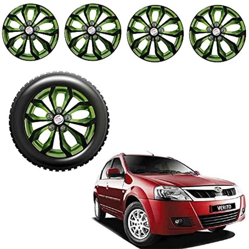 Auto Pearl 4 Pcs 14 inch Black & Green ABS Press Type Hubcap Wheel Cover Set with Retention Ring for Mahindra Verito
