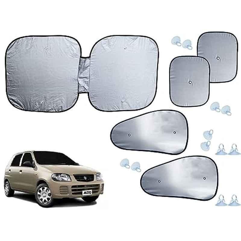 Auto Pearl 5 Pcs Polyester Black & Silver Window & Front Sun Shade Set for Maruti Suzuki Alto STD 2000-2012