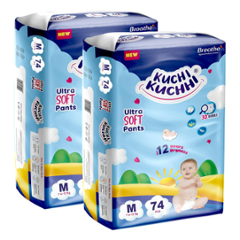 Kuchi Kuchhi 74 Pcs 7-12kg White Medium Ultra Soft Baby Diaper Pant with 3D Bubble Top, KKM74X2 (Pack of 2)