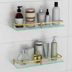 Plantex Frosted Glass Shelf for Bathroom/Shelf with Brass Railings & Brackets/Shelf for Living Room/Bedroom/Kitchen (Pack of 2) 15x6 inch, Antique Brass