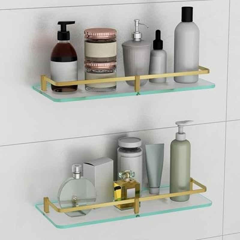 Plantex Frosted Glass Shelf for Bathroom/Shelf with Brass Railings & Brackets/Shelf for Living Room/Bedroom/Kitchen (Pack of 2) 15x6 inch, Antique Brass