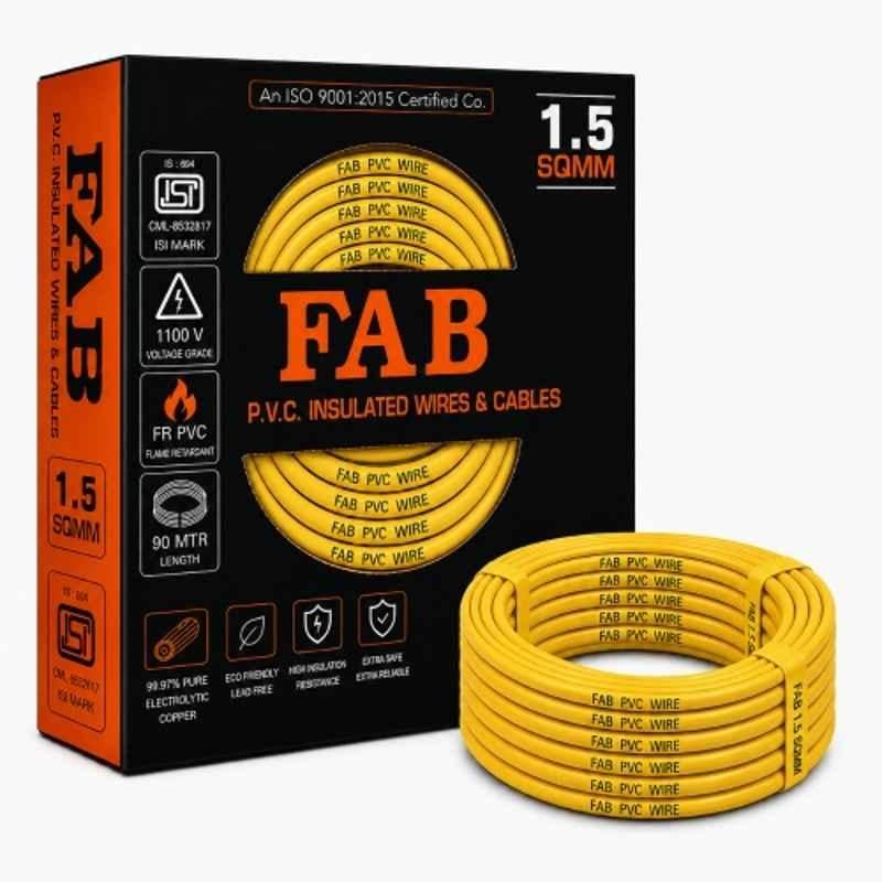 FAB 1.5 Sqmm Single Core Yellow FR PVC CCS Copper Insulated House Wire, Length: 91 m