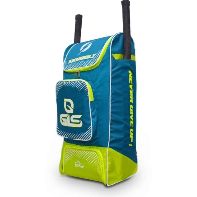 GLS Skybolt 70 Litre PU Blue & Green Duffle Wheel Cricket Kit Bag with Two Bat Pocket