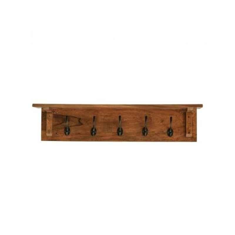 Angel Furniture 70x15x15cm Honey Glossy Finish Sheesham Wood Floating Wall Mounted Shelf with Coat Hook, AF-131H