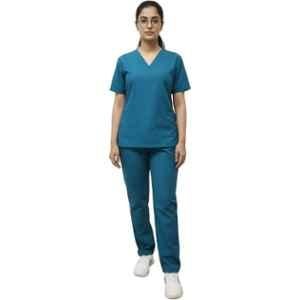 Design My Dress Bharat Polyester & Viscose Teal Blue V Neck Scrub Suit for Women, Size: XS, 1046