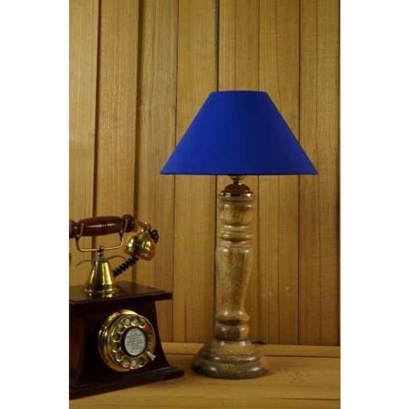 Tucasa Mango Wood Royal Brown Table Lamp with 10 inch Polycotton Blue Pyramid Shade, WL-226
