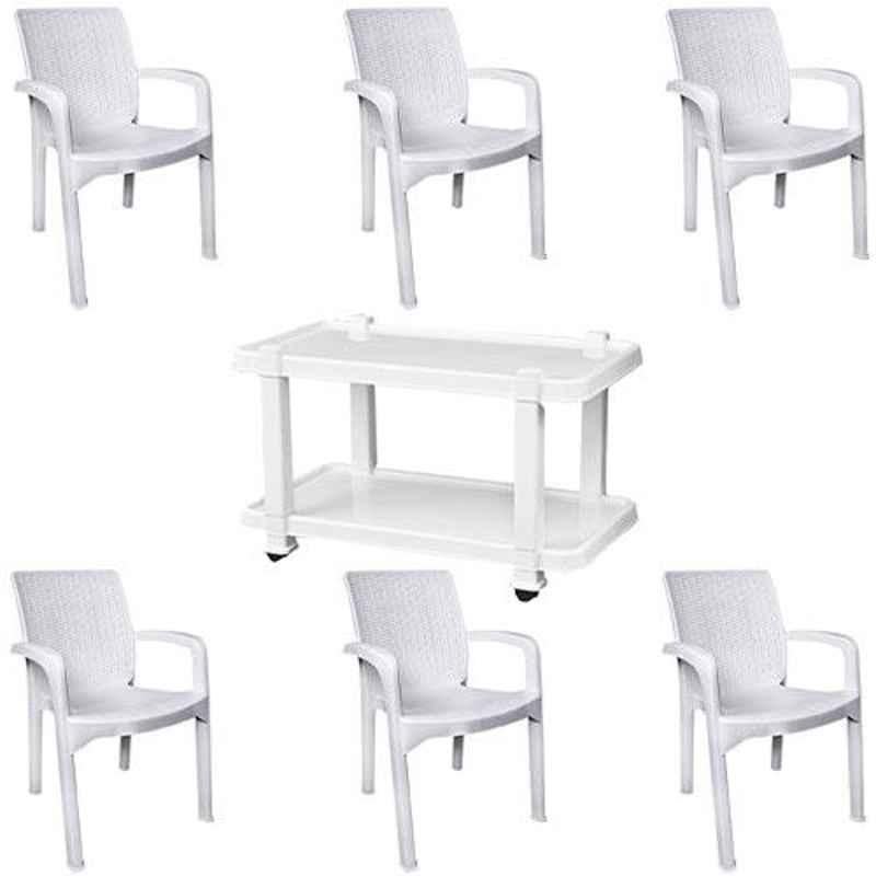 Italica 6 Pcs Polypropylene White Luxury Arm Chair & White Table with Wheels Set, 9402-6/9509