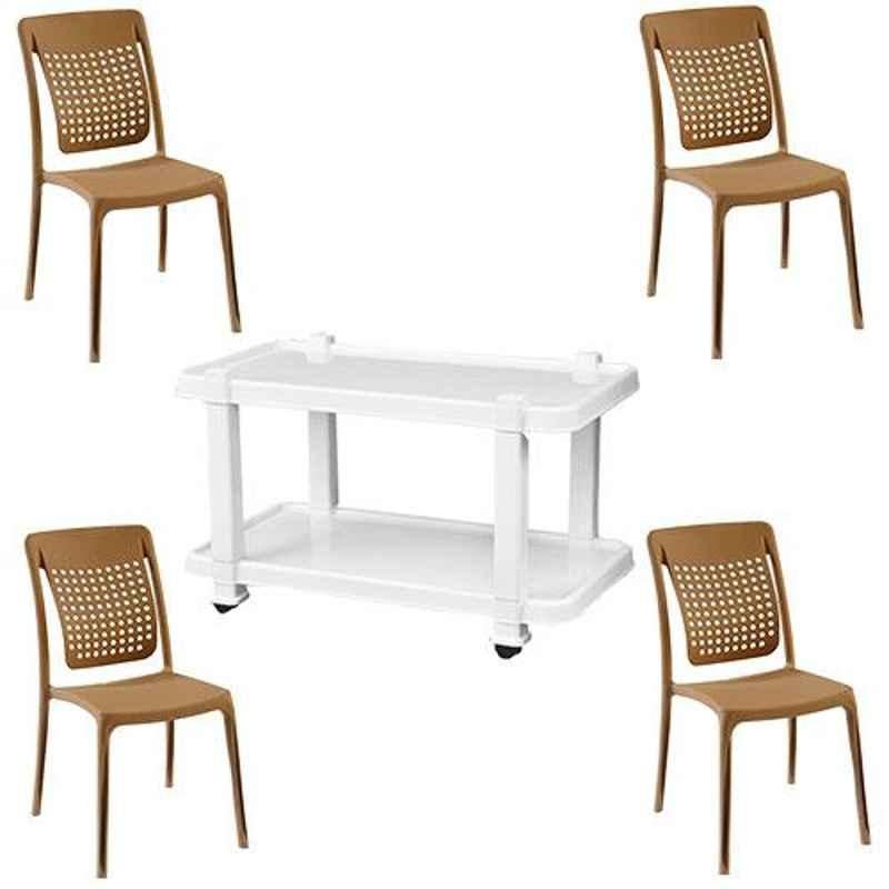 Italica 4 Pcs Polypropylene Sand Spine Care Chair & White Table with Wheels Set, 2109-4/9509