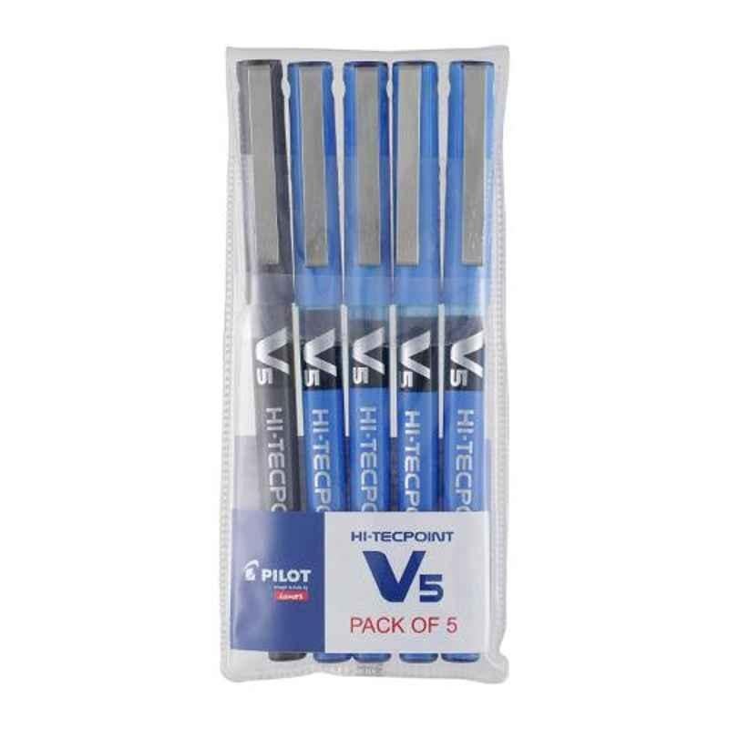 Pilot V5 Hi-Tecpoint 4 Blue & 1 Black Liquid Ink Roller Ball Pen Set