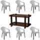 Italica 6 Pcs Polypropylene Marble Grey Premium Arm Chair & Nut Brown Table with Wheels Set, 9201-6/9509