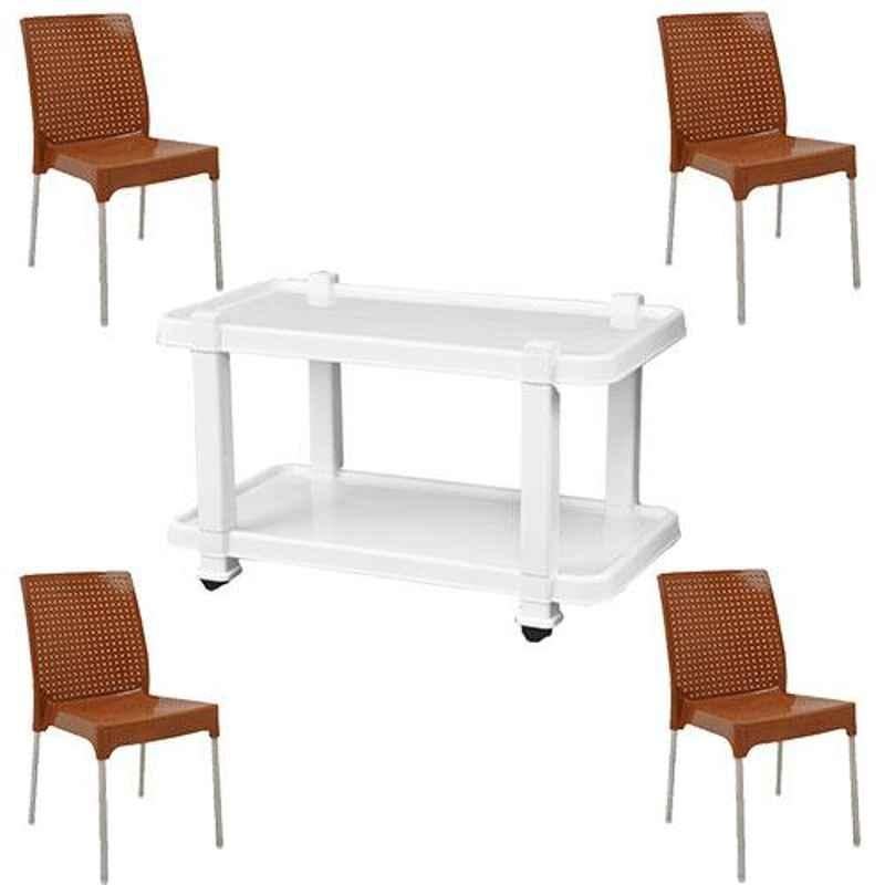 Italica 4 Pcs Polypropylene Camel Plasteel without Arm Chair & White Table with Wheels Set, 1206-4/9509