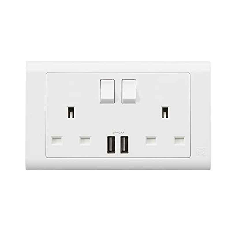 MK Electric 13A 2 Gang Polycarbonate White Double Socket with 2.4A Dual USB Charging Ports, MV24344WHI