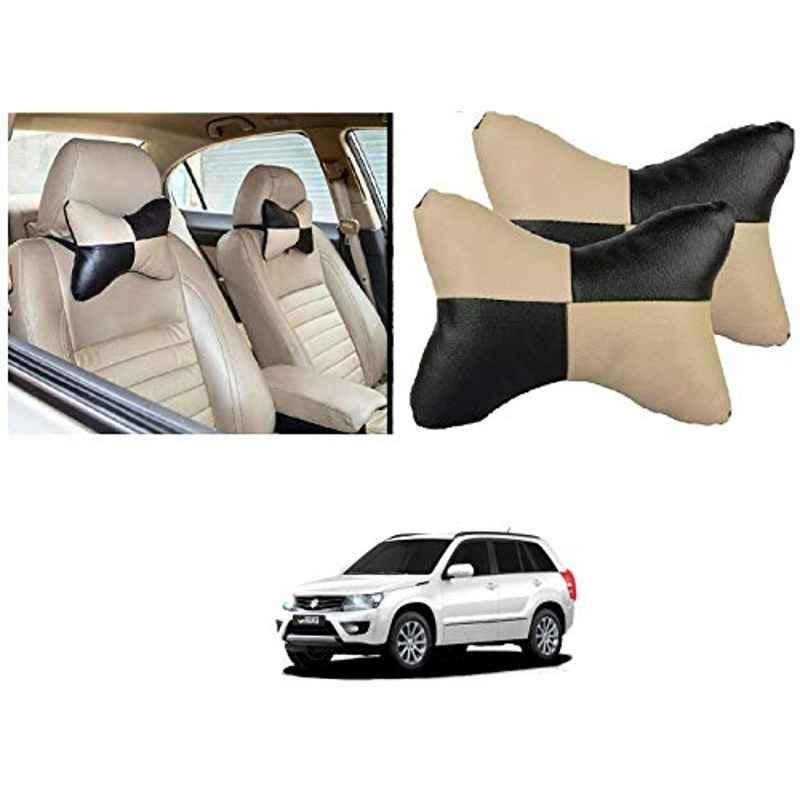 Kozdiko 2 Pcs Black & Beige Car Square Chess Design Neck Rest Seat Pillow Set for Maruti Suzuki Grand Vitara