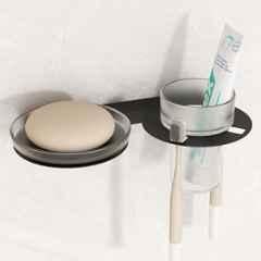 Plantex Soap Dish with Tumbler Holder for Bathroom/Stainless Steel Glass soap Holder with Toothbrush Stand/Bathroom Accessories Black
