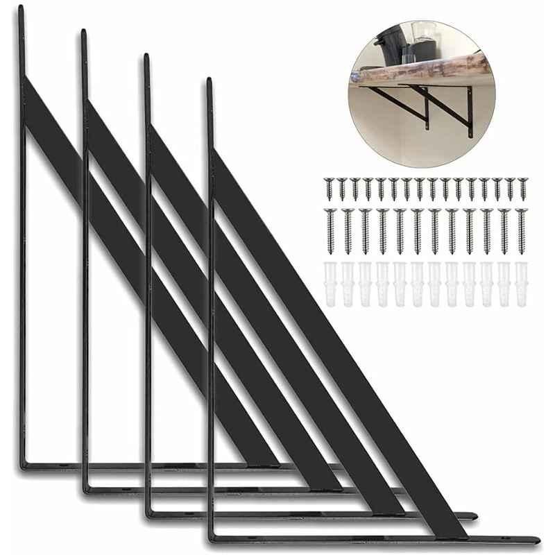 Robustline 90 deg 9x12 inch Angle Steel Black Wall Mounted Shelf Supporter Corner Bracket with Mounting Screws (Pack of 4)