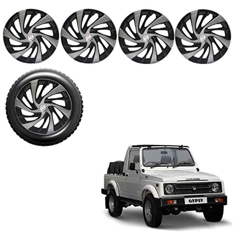 Auto Pearl 4 Pcs 15 inch Silver & Black ABS Press Type Hubcap Wheel Cover Set with Retention Ring for Maruti Suzuki Gypsy King