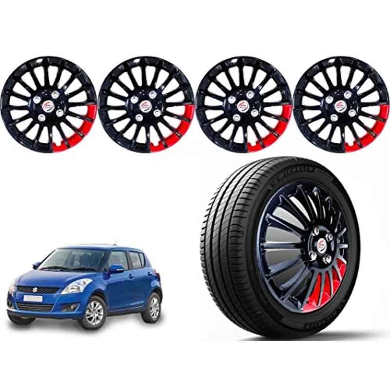 Auto Pearl 4 Pcs 14 inch Polypropylene Black & Red Press Type Car Wheel Cover Set with Retention Ring for Maruti Suzuki Swift Type 3 2011-2014