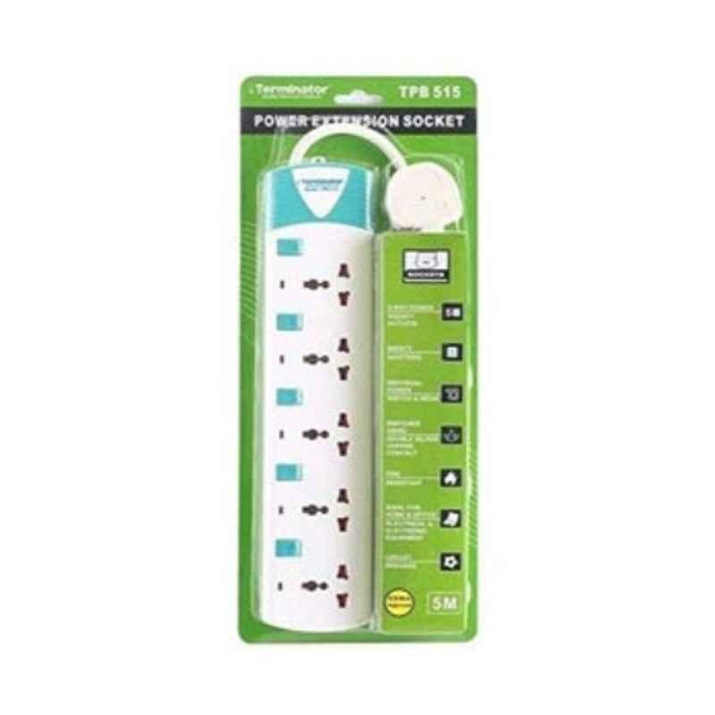 Terminator 5m 5 Gang Universal Power Extension Socket with Individual Switches, TPB 515