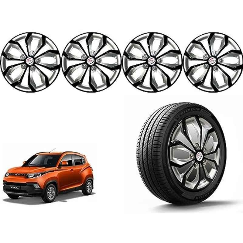 Auto Pearl 4 Pcs 14 inch Polypropylene Black & Silver Press Type Car Wheel Cover Set with Retention Ring for Mahindra KUV 100 2016, 14WC_Pearl_Rev_KUV100_2016