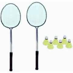 STYRKR Multicolour 2 Double Shaft Racquet + 6 pc Nylon Shuttle Badminton Kit