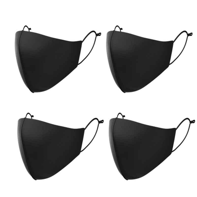 Arcatron 4 Pcs 3 Layer Polyester Black Washable Face Mask Set with Adjustable Ear Loop, MK-ULT-M-B4, Size: Medium