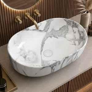 Plantex Tabletop Washbasin for Bathroom/Designer Ceramic Hand Wash Basin/Oval Countertop Basin/Home/Office (22x13.5x6 inch-White & Grey)